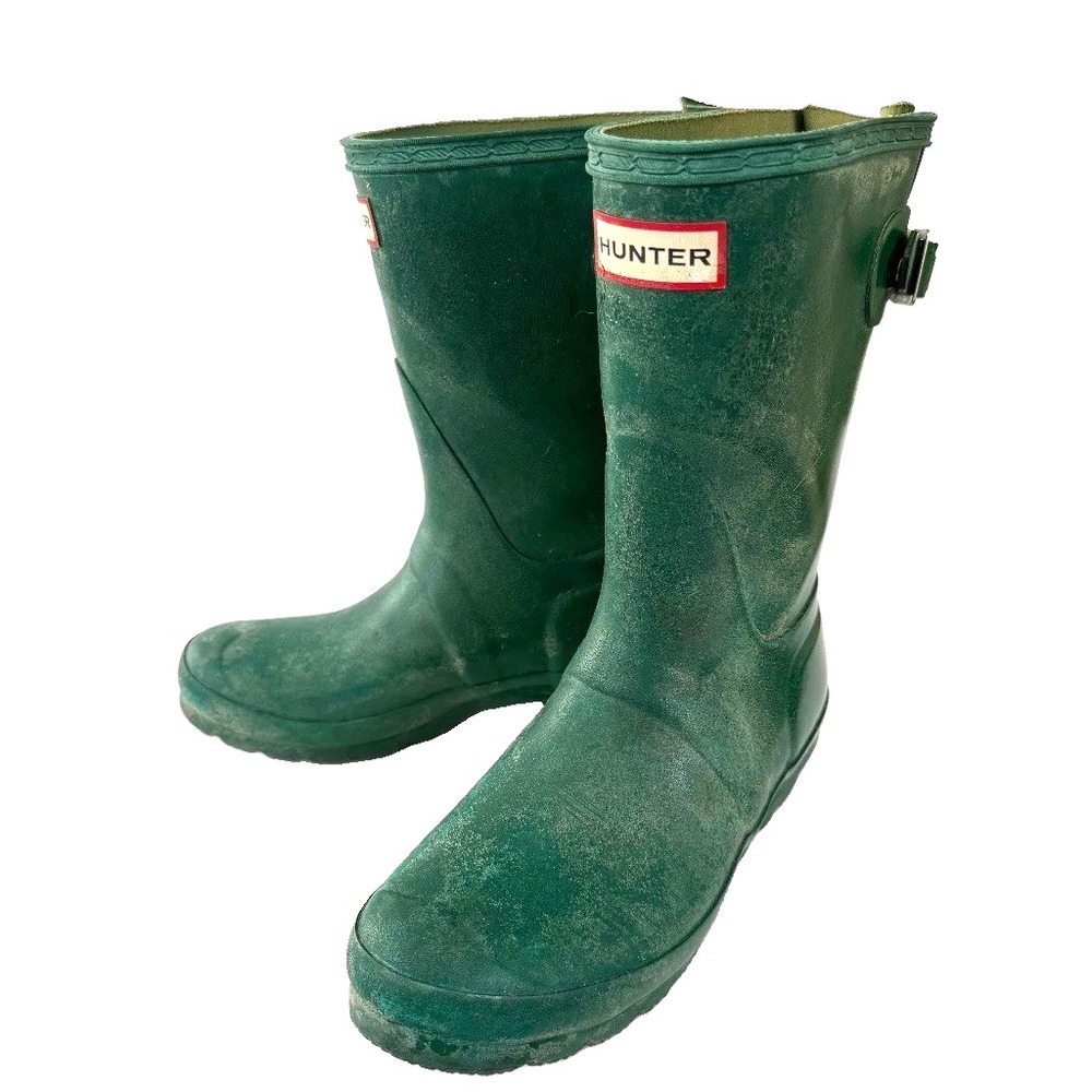 Hunter Womens Original Short Rain Boots 6 Green Adjust Back Waterproof Outdoor